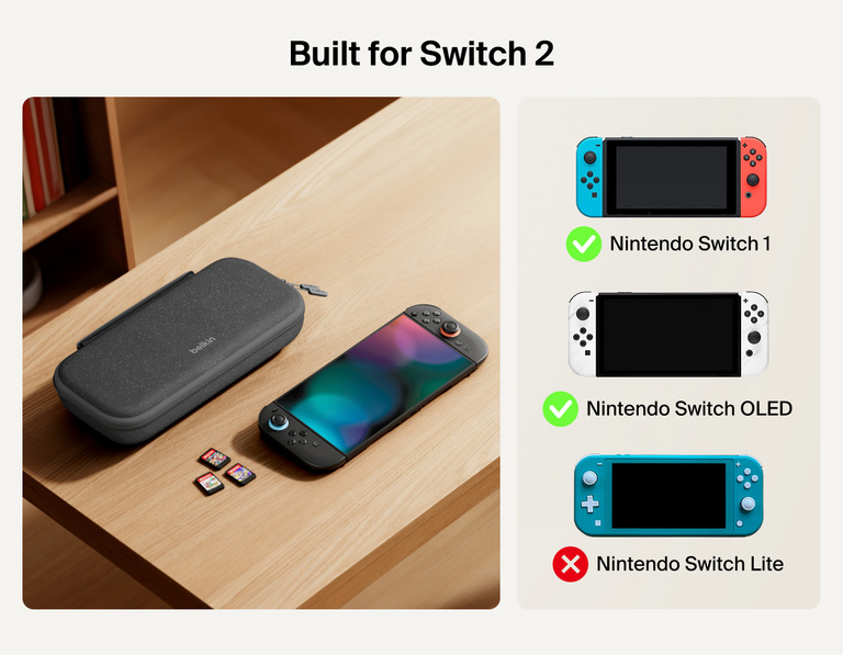 Belkin Gaming Charging Case shown next to Nintendo Switch 2 and game cards, with compatibility clearly marked for Switch 2 only—not compatible with Nintendo Switch 1, OLED, or Lite models.