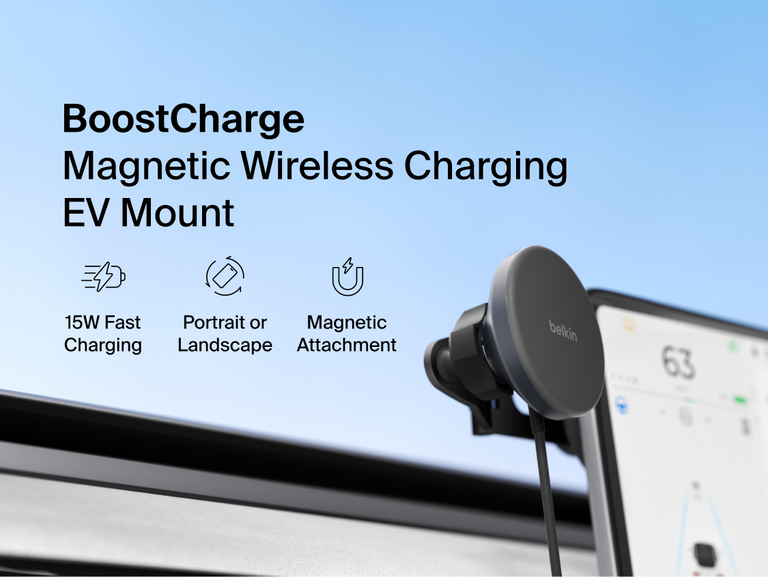Belkin BoostCharge Magnetic Wireless Charging Car Vent Mount shown attached to a vehicle air vent with Qi2 15W fast charging and portrait- or landscape-ready magnetic phone placement.