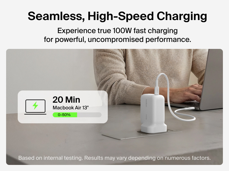 BoostCharge USB-C GaN Wall Charger 100W charging a MacBook Air at a desk with graphic highlighting 100W fast charging performance and rapid battery recharge capability
