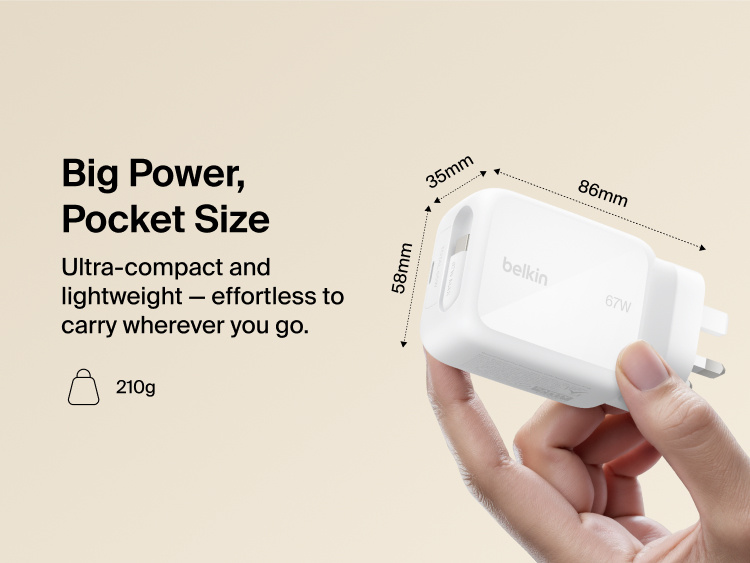 Belkin UltraCharge Retractable GaN Wall Charger 67W compact fast charger with built-in retractable USB-C cable, foldable prongs, and lightweight pocket-size design for travel and everyday charging.