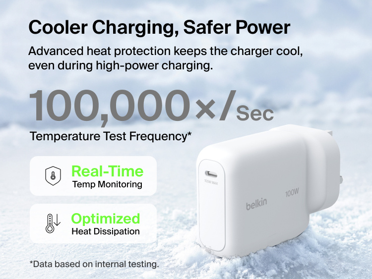 BoostCharge USB-C GaN Wall Charger 100W with advanced temperature monitoring and heat dissipation features for cooler, safer high-power charging performance