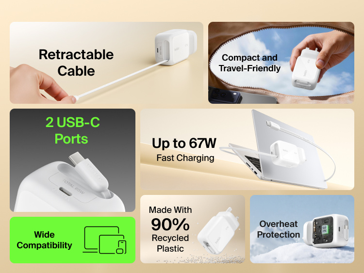 Belkin UltraCharge Retractable GaN Wall Charger 67W with built-in retractable USB-C cable, dual USB-C ports, fast charging up to 67W, compact travel-friendly design with wide device compatibility and overheat protection.
