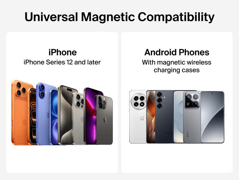 Belkin BoostCharge Magnetic Wireless Charging EV Mount shown with universal magnetic compatibility for iPhone Series 12 and later and Android phones using magnetic wireless charging cases.