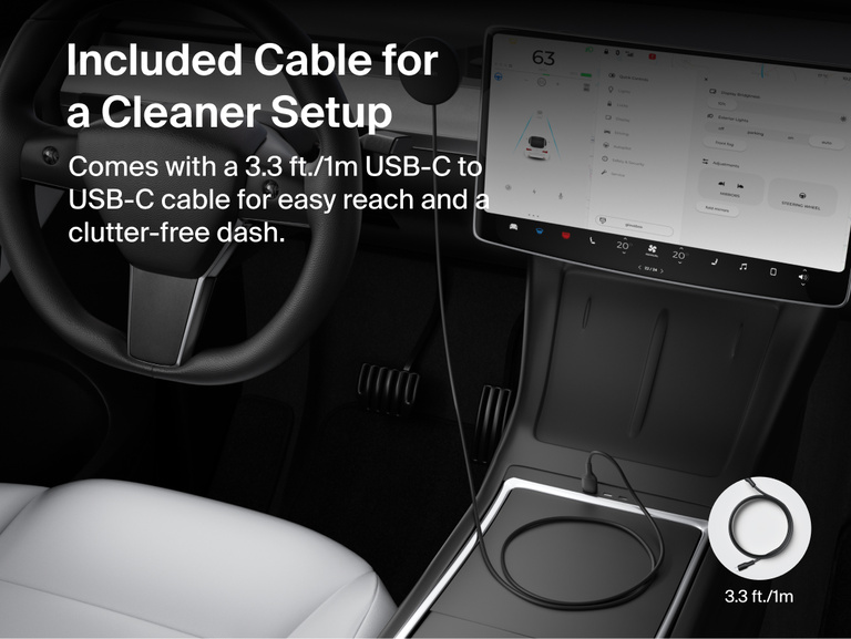 Belkin BoostCharge Magnetic Wireless Charging Car Vent Mount shown installed in a vehicle with the included 3.3 ft/1m USB-C to USB-C cable for a clean, easy-reach setup.