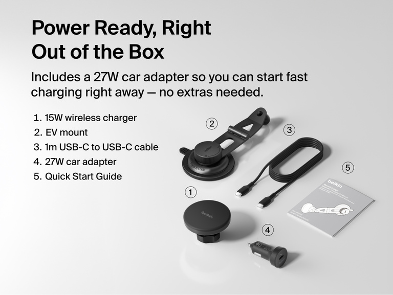Belkin BoostCharge Magnetic Wireless Charging Car Vent Mount shown with all in-box items including 15W charger, vent mount, 27W car adapter, 1m USB-C cable, and quick start guide.