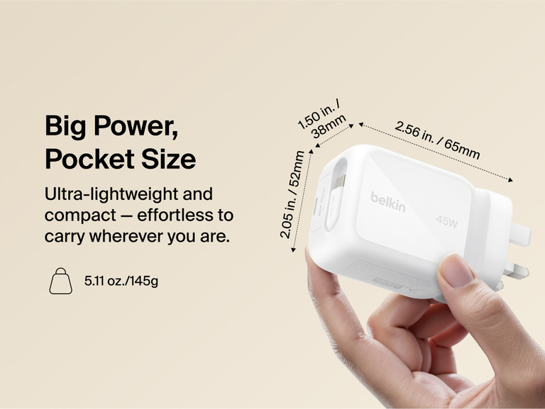 Belkin UltraCharge 45W retractable GaN wall charger featuring advanced GaN technology for cooler, more efficient fast charging with high power conversion efficiency