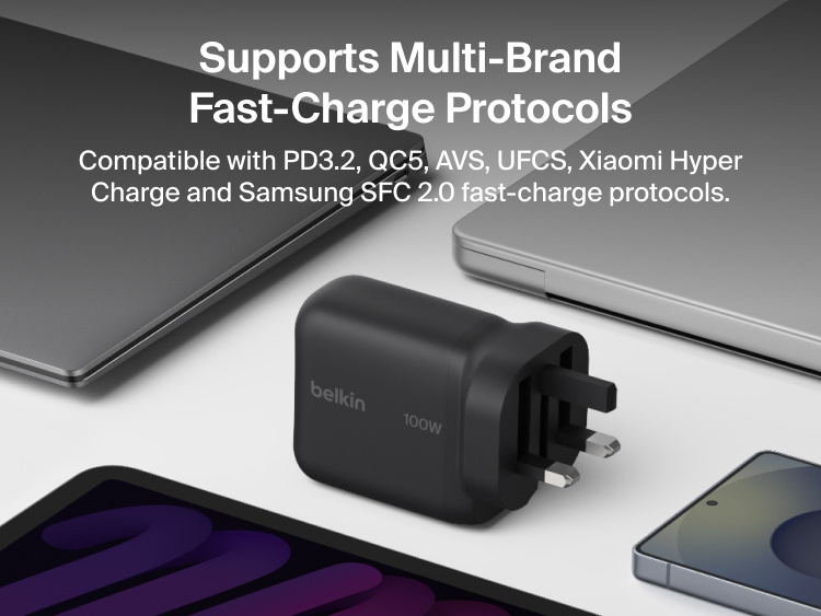 Belkin UltraCharge 45W retractable GaN wall charger delivering fast charging up to 45W with built-in USB-C cable, powering smartphone with rapid 0&ndash;50% charge times