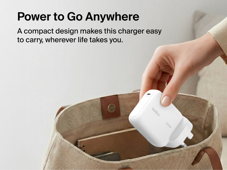 Belkin UltraCharge 45W retractable GaN wall charger plugged securely into wall outlet with stable fit and reliable fast charging performance