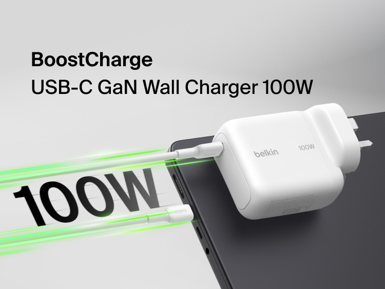BoostCharge USB-C GaN Wall Charger 100W connected to a USB-C cable with 100W fast charging graphic for laptops, tablets, and smartphones