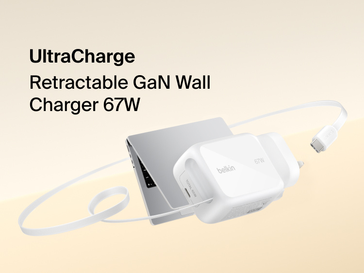 UltraCharge Retractable GaN Wall Charger 67W charging a laptop with built-in retractable USB-C cable, compact fast-charging power adapter for laptops, tablets, and smartphones.