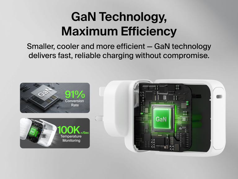 BoostCharge USB-C GaN Wall Charger 100W internal component graphic highlighting GaN technology, efficient power conversion, and advanced temperature monitoring for reliable fast charging