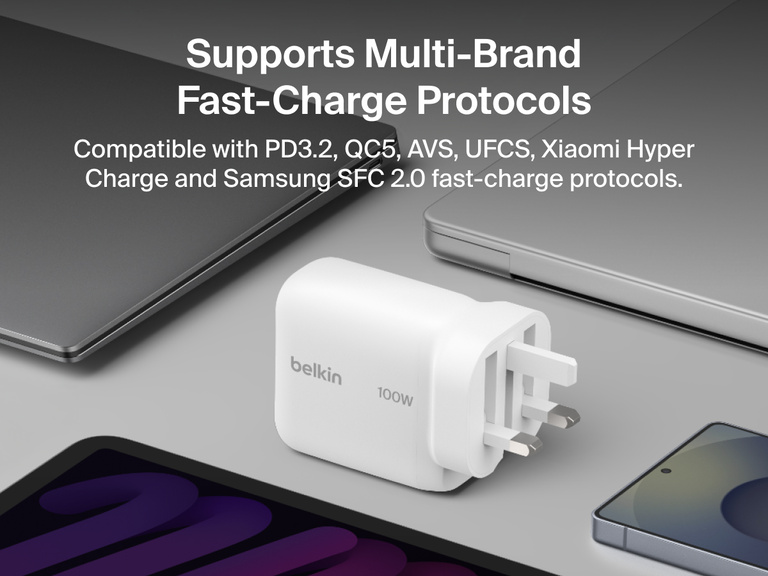 BoostCharge USB-C GaN Wall Charger 100W displayed with laptops, tablet, and smartphone to highlight multi-brand fast charging compatibility with PD3.2, QC5, Samsung SFC 2.0, and other charging protocols