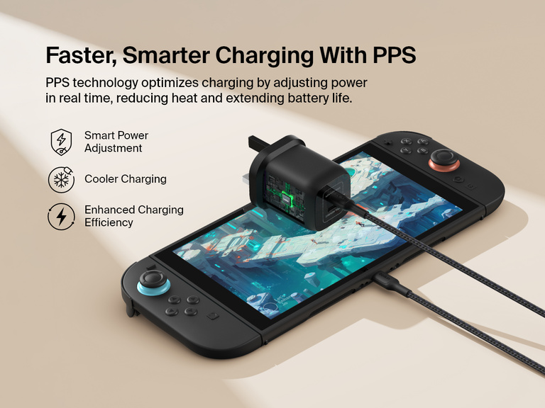 Belkin Gaming Dual USB-C Wall Charger 65W features a compact, travel-friendly design with folding prongs, ideal for fast charging the Nintendo Switch 2 on the go.