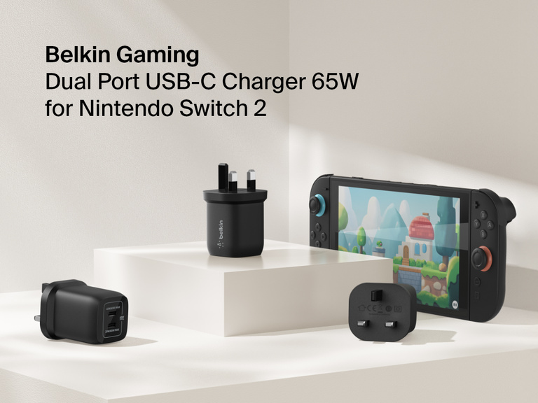 Belkin Gaming Dual USB-C Wall Charger 65W shown with a Nintendo Switch 2 delivers high-speed charging through dual USB-C ports, ideal for console and accessory power.