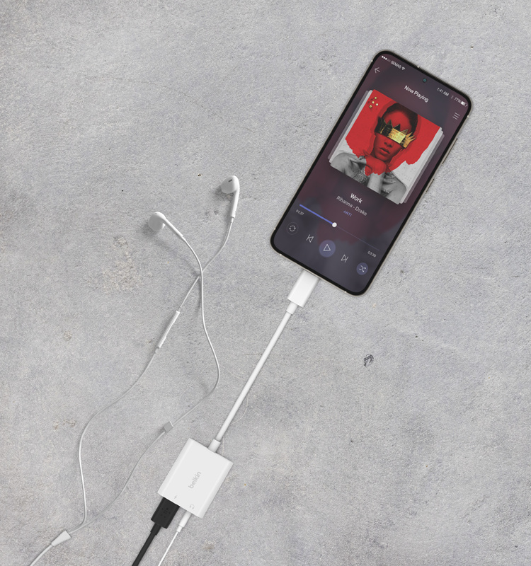 Listen to music while charging your device with Belkin RockStar 3.5mm Audio + USB-C Charge Adapter.