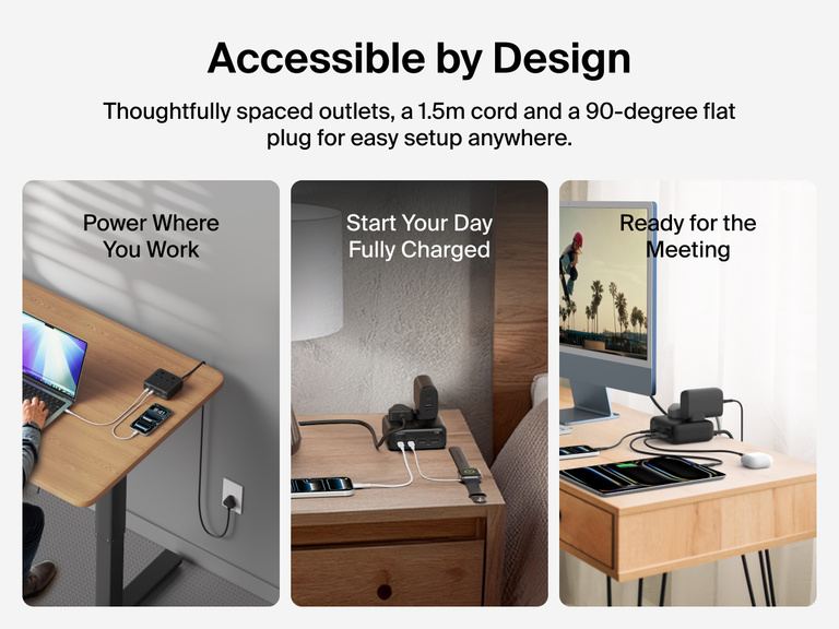 Three lifestyle images show the Belkin 3-Outlet Charging Station with 2 USB-A and 2 USB-C ports 70W used in a home office, bedroom, and meeting setup, emphasizing its 5-foot cord, 90-degree flat plug, and versatile charging for multiple devices.