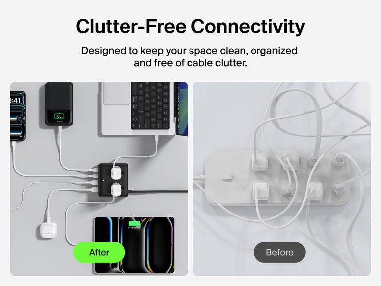 Side-by-side comparison showing the Belkin 3-Outlet Charging Station with 2 USB-A and 2 USB-C ports 70W neatly powering multiple devices in an organized setup versus a cluttered power strip with tangled cords.