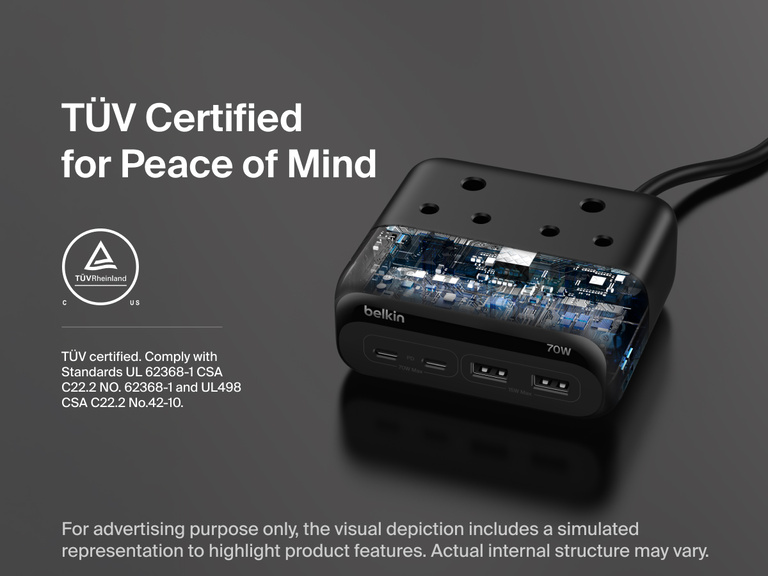 Belkin 3-Outlet Charging Station with 2 USB-A and 2 USB-C ports is shown with a simulated cutaway view of internal circuitry, emphasizing its TUV certification for safety and compliance with industry standards.
