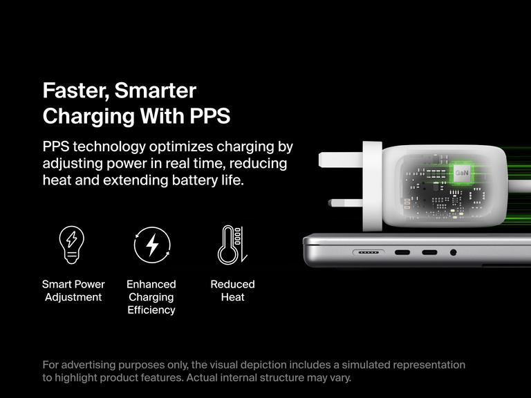 BoostCharge Pro 3-Port GaN Wall Charger 100W shown with internal PPS technology visualization, enabling smart power adjustment for reduced heat, improved efficiency, and extended battery life.