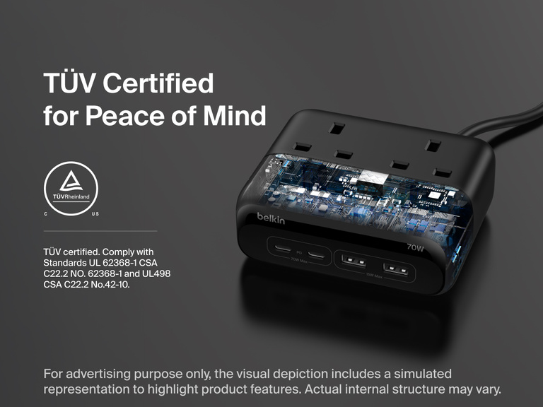 Belkin 3-Outlet Charging Station with 2 USB-A and 2 USB-C ports is shown with a simulated cutaway view of internal circuitry, emphasizing its TUV certification for safety and compliance with industry standards.