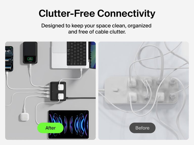 Side-by-side comparison showing the Belkin 3-Outlet Charging Station with 2 USB-A and 2 USB-C ports 70W neatly powering multiple devices in an organized setup versus a cluttered power strip with tangled cords.