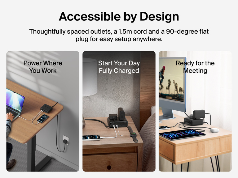 Three lifestyle images show the Belkin 3-Outlet Charging Station with 2 USB-A and 2 USB-C ports 70W used in a home office, bedroom, and meeting setup, emphasizing its 5-foot cord, 90-degree flat plug, and versatile charging for multiple devices.
