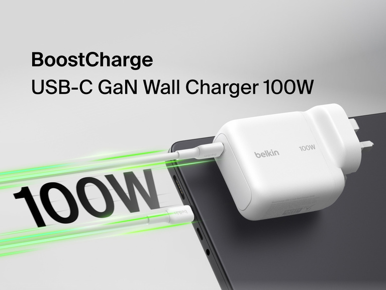 BoostCharge USB-C GaN Wall Charger 100W connected to a USB-C cable with 100W fast charging graphic for laptops, tablets, and smartphones