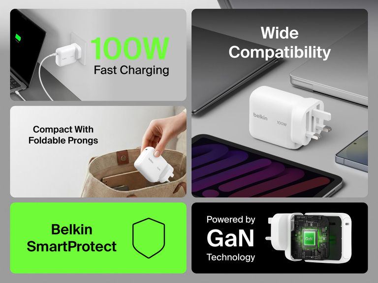 BoostCharge USB-C GaN Wall Charger 100W feature collage highlighting 100W fast charging, wide device compatibility, foldable prongs, Belkin SmartProtect, and GaN technology for compact high-performance charging