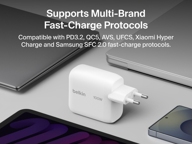 BoostCharge USB-C GaN Wall Charger 100W displayed with laptops, tablet, and smartphone to highlight multi-brand fast charging compatibility with PD3.2, QC5, Samsung SFC 2.0, and other charging protocols