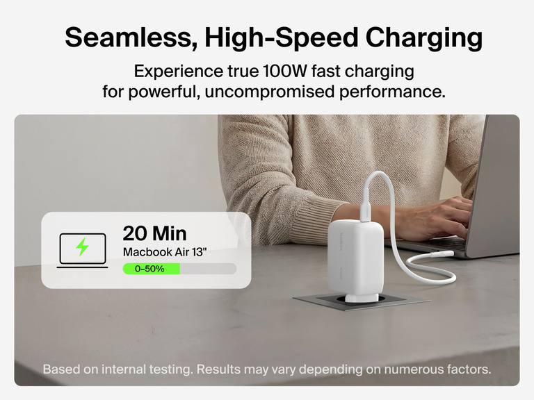 BoostCharge USB-C GaN Wall Charger 100W charging a MacBook Air at a desk with graphic highlighting 100W fast charging performance and rapid battery recharge capability