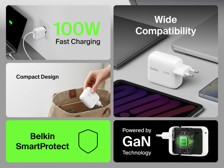 BoostCharge USB-C GaN Wall Charger 100W feature collage highlighting 100W fast charging, wide device compatibility, foldable prongs, Belkin SmartProtect, and GaN technology for compact high-performance charging