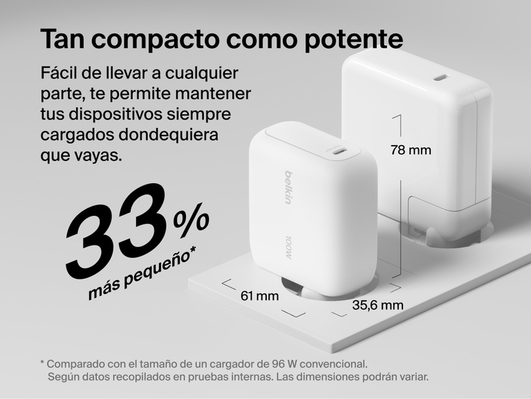 El cargador de pared GaN de 45 W con cable retr&aacute;ctil Belkin UltraCharge tiene un dise&ntilde;o compacto con clavijas plegables y una construcci&oacute;n ligera de 145 gramos. Es una soluci&oacute;n de alimentaci&oacute;n muy completa en tama&ntilde;o de bolsillo para que cargues con una mayor comodidad durante tus viajes.
