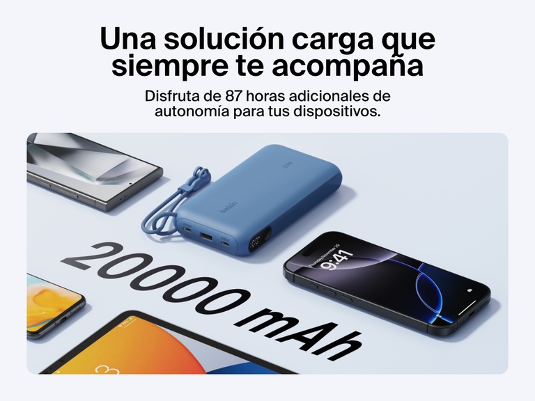 La batería externa 20K con pantalla BoostCharge de Belkin proporcionando hasta 87 horas adicionales de autonomía con una capacidad de 20 000 mAh. Cuenta con un diseño compacto y un cable USB-C extraíble para cargar sobre la marcha en cualquier sitio.