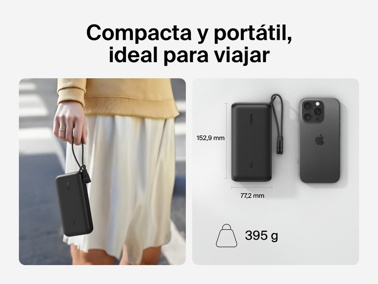Se muestra la batería externa 20K con pantalla BoostCharge de Belkin en una mano y junto a un smartphone para hacer hincapié en su diseño compacto y portátil, ideal para viajar (dimensiones: 6,02 x 3,04 pulgadas y 395 gramos de peso).