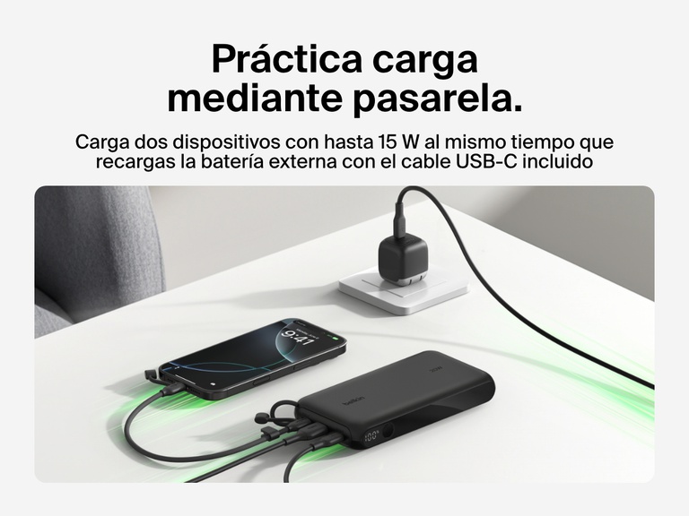 Se muestra la batería externa 20K con pantalla BoostCharge de Belkin cargando por pasarela dos dispositivos con hasta 15 W al mismo tiempo que se recarga por el cable USB-C incluido.