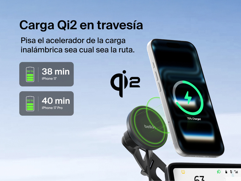 Belkin BoostCharge Magnetic Wireless Charging Car Vent Mount shown wirelessly charging a phone with Qi2 fast charging in a vehicle, highlighting quick 0&ndash;50% charge times for iPhone 17 and iPhone 17 Pro.