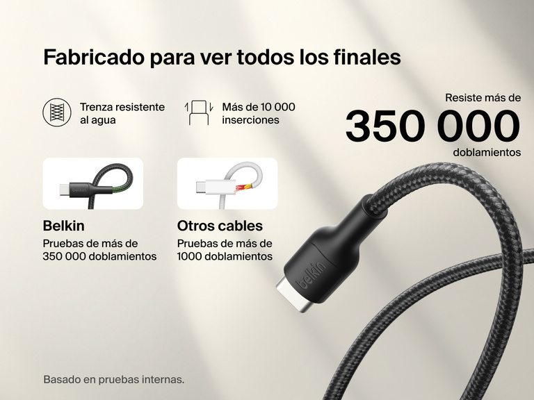 Este cable USB-C a USB-C de 60 W de Belkin Gaming cuenta con un diseño de trenza resistente al agua y ha sido probado para sobrevivir más de 350 000 doblamientos y 10 000 inserciones. Ha sido fabricado para proporcionar un alto rendimiento a largo plazo con la Nintendo Switch 2.   