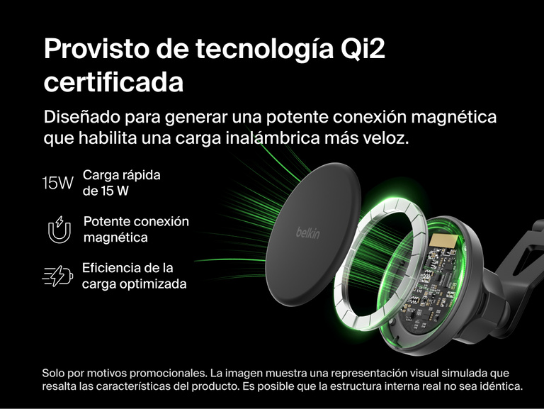 Belkin BoostCharge Magnetic Wireless Charging Car Vent Mount shown with an exploded view of its Qi2-certified magnetic coil system highlighting 15W fast charging, strong magnetic connection, and optimized efficiency.