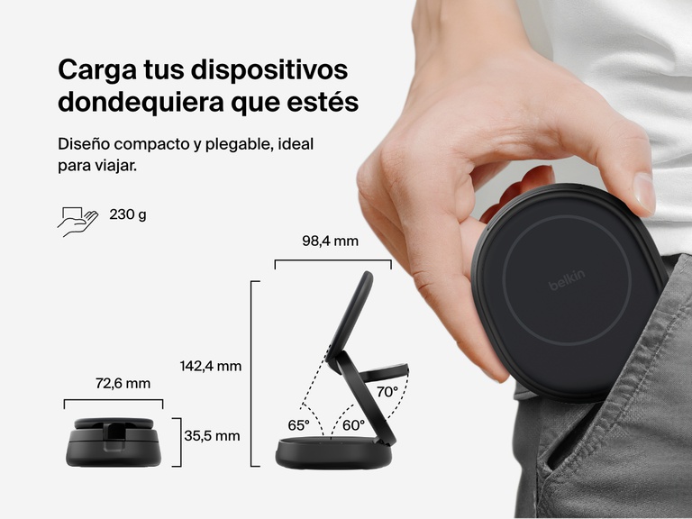 El soporte magnético de carga compacto 3 en 1 BoostCharge de Belkin plegado para una mayor portabilidad, haciendo hincapié en su tamaño compacto, peso ligero de 230 gramos y ángulos de visionado ajustables. 