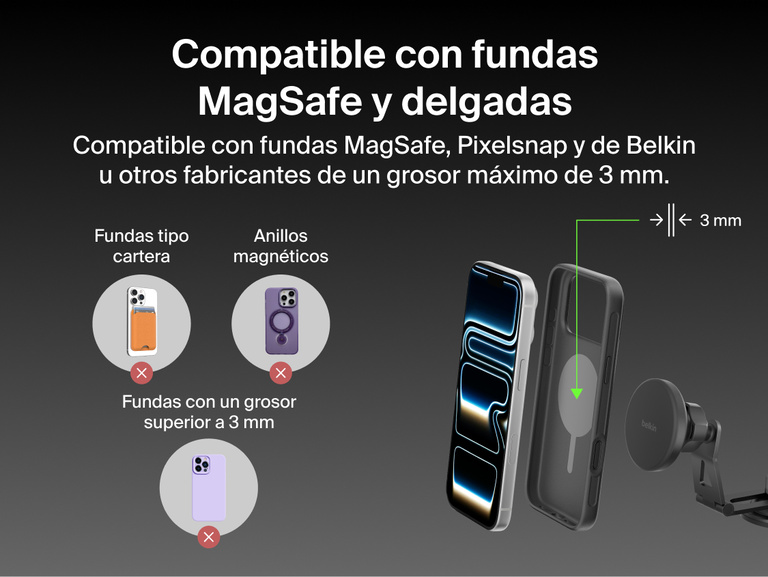 Belkin BoostCharge Magnetic Wireless Charging Car Vent Mount shown compatible with MagSafe, Pixelsnap, and thin Belkin cases up to 3mm, with wallet cases, thick cases, and ring grips not supported.