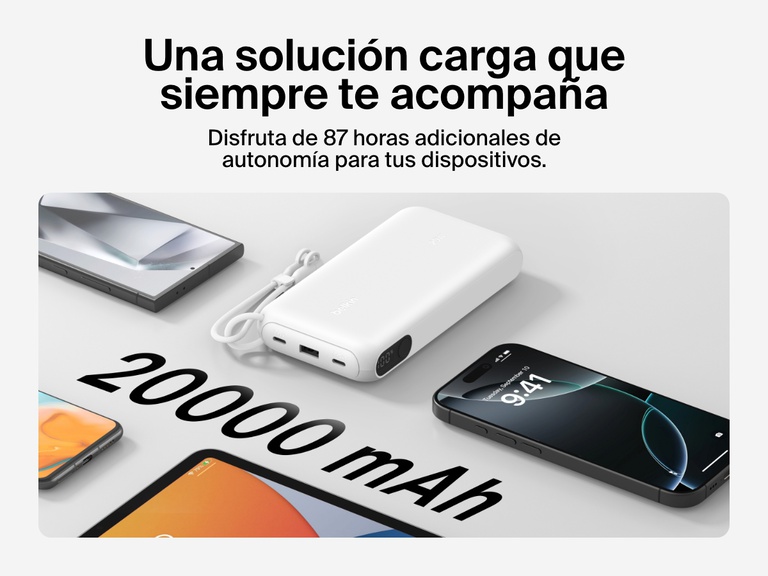 La batería externa 20K con pantalla BoostCharge de Belkin proporcionando hasta 87 horas adicionales de autonomía con una capacidad de 20 000 mAh. Cuenta con un diseño compacto y un cable USB-C extraíble para cargar sobre la marcha en cualquier sitio.
