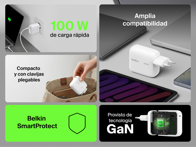 BoostCharge USB-C GaN Wall Charger 100W feature collage highlighting 100W fast charging, wide device compatibility, foldable prongs, Belkin SmartProtect, and GaN technology for compact high-performance charging