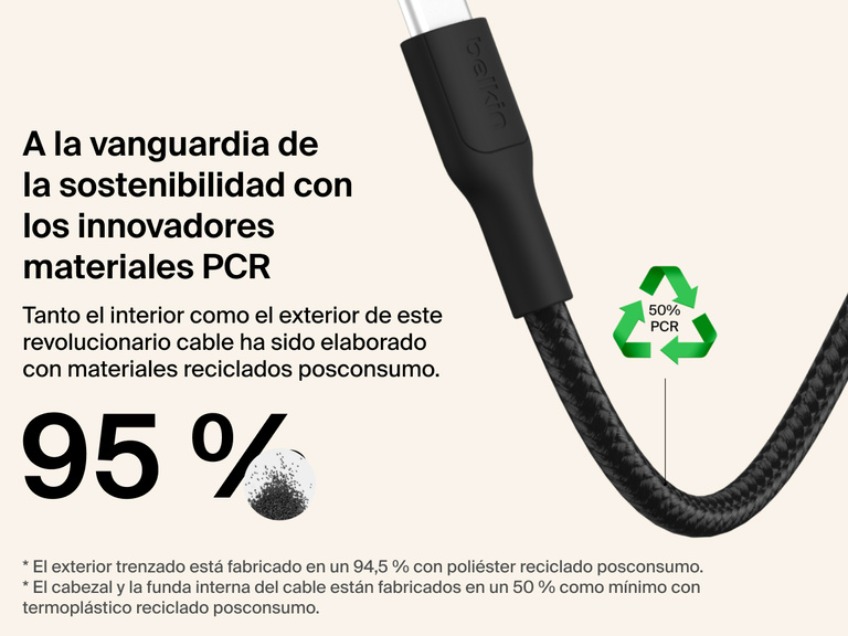 El cable USB-C a USB-C (60 W) de Belkin Gaming para Nintendo Switch 2 ha sido fabricado de forma sostenible con hasta un 95 % de materiales reciclados posconsumo, incluyendo componentes de poliéster trenzado y termoplástico.