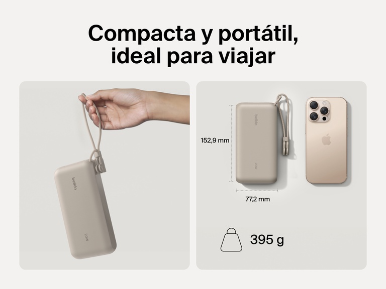 Se muestra la batería externa 20K con pantalla BoostCharge de Belkin en una mano y junto a un smartphone para hacer hincapié en su diseño compacto y portátil, ideal para viajar (dimensiones: 6,02 x 3,04 pulgadas y 395 gramos de peso).