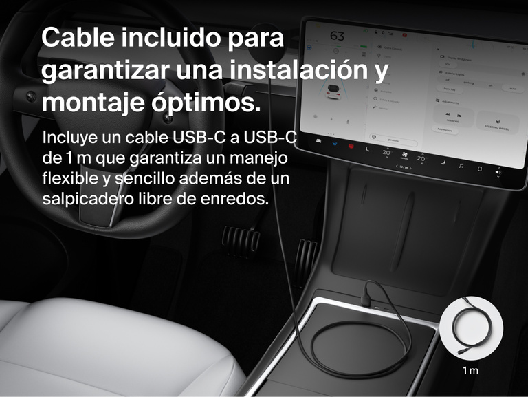 Belkin BoostCharge Magnetic Wireless Charging Car Vent Mount shown installed in a vehicle with the included 3.3 ft/1m USB-C to USB-C cable for a clean, easy-reach setup.