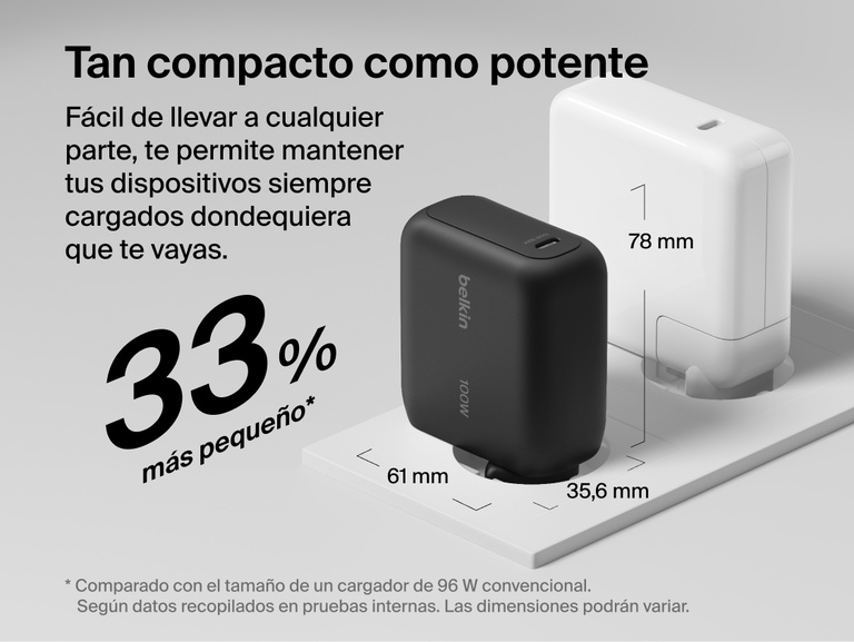 El cargador de pared GaN de 45 W con cable retr&aacute;ctil Belkin UltraCharge tiene un dise&ntilde;o compacto con clavijas plegables y una construcci&oacute;n ligera de 145 gramos. Es una soluci&oacute;n de alimentaci&oacute;n muy completa en tama&ntilde;o de bolsillo para que cargues con una mayor comodidad durante tus viajes.