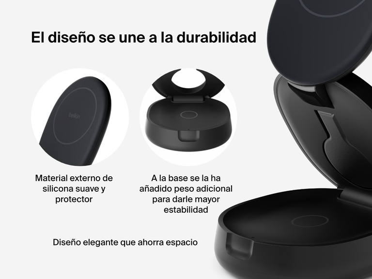 Se realza la superficie suave de silicona, la base con peso adicional para mayor estabilidad y el diseño elegante plegable que ahorra espacio del soporte magnético de carga compacto 3 en 1 BoostCharge de Belkin 