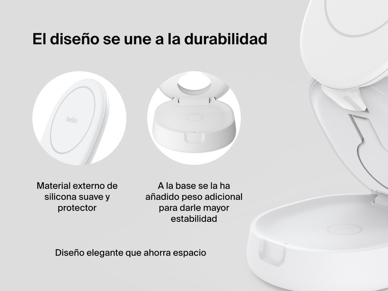 Se realza la superficie suave de silicona, la base con peso adicional para mayor estabilidad y el diseño elegante plegable que ahorra espacio del soporte magnético de carga compacto 3 en 1 BoostCharge de Belkin