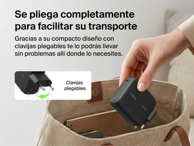 El cargador de pared GaN de 45 W con cable retr&aacute;ctil Belkin UltraCharge enchufado con firmeza en una toma de corriente para proporcionar una carga r&aacute;pida y fiable.