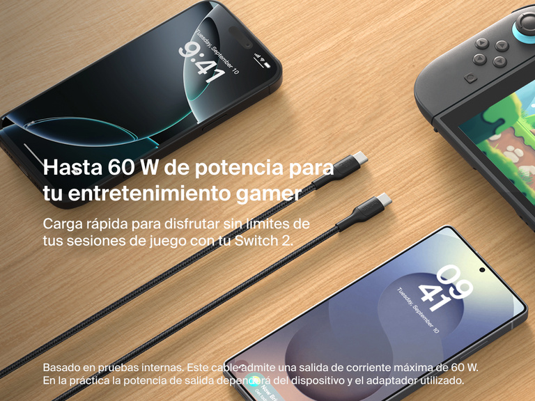 Este cable USB-C a USB-C (60 W) de Belkin Gaming proporciona carga rápida para Nintendo Switch 2, smartphones y otros aparatos de videojuegos con USB-C, suministrando una potencia máxima de 60 W.  